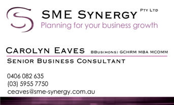 The business card of Carolyn Eaves, Senior Business Consultant, SME Synergy